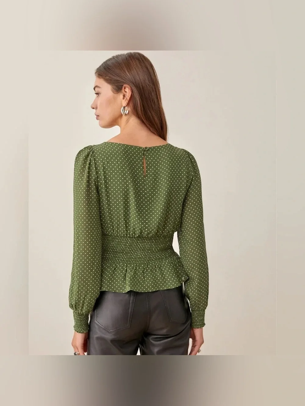 Reformation Hearth Green Polka Dot Smocked Blouse